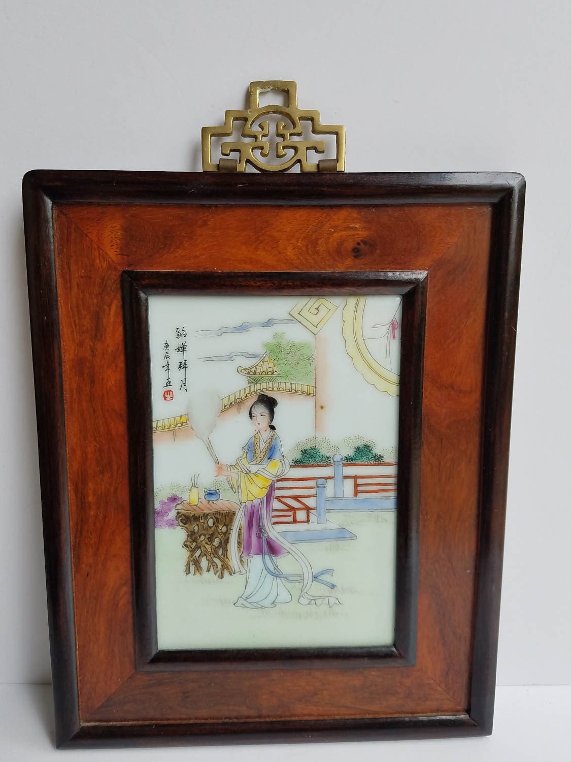 Vintage Signed Chinese Framed Porcelain Tile Painting with