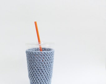 Denim iced coffee cozy. Crochet coffee cozy. light blue cup cozy. Cotton cup sleeve. Eco friendly cup jacket. Summer drink cozy drink cozy