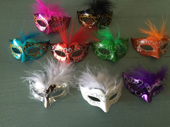 12 Mini Mardi Gras Feathered GLITTER MASK party decorations