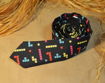 Tetris Tie - Geek Gift - Skinny Tie - Men's Necktie - Gamer Accessory