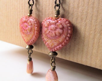 Rose Pink with a Hint of Yellow Czech Glass Heart with Flowers and and Dangling Teardrop Beads Niobium Earrings - Love - BeadedTail