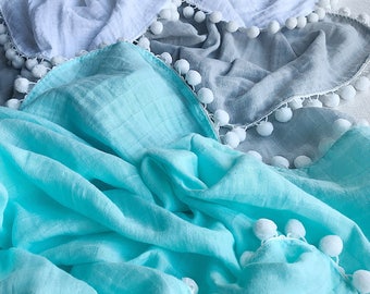 Single Layer Cotton Gauze Swaddle Blanket, PomPom Swaddle Blanket