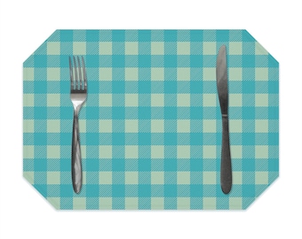 Buffalo check placemat, turquoise and sage green, farmhouse decor