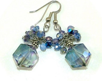 MAJOR MARKDOWN - Periwinkle Sapphire Blue Wire Wrapped Crystal Cluster Statement Earrings