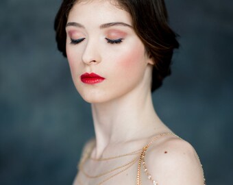 Gold Shoulder Necklace, Rose Gold Crystal Shoulder Chain, Rhinestone Bridal Statement Necklace, Bridal Body Jewelry, Silver bodychain INDIGO