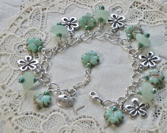 Sea Glass Jewelry, Charm Bracelet, Czech Glass