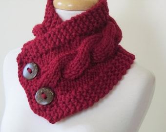 Knit Neck Warmer, Cable Knit Scarf, Chunky Warm Winter Scarf in Cranberry 6" x 25" Coconut Shell Buttons Ready to Ship - Gift for Her