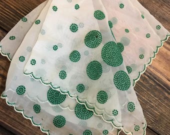 Vintage sheer with green velvet polkadots handkerchief. Adorable!