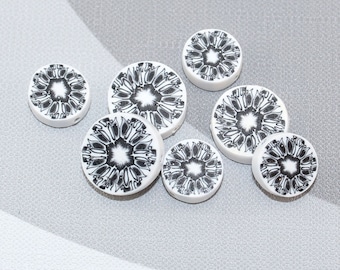 Polymer Clay round flat beads in black and white, Millefiori kaleidoscope beads, flower pattern Set of 7