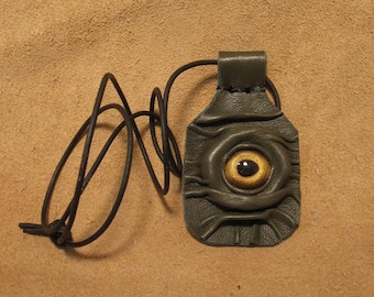 Grichels leather amulet pendant necklace - olive green with gold fish eye