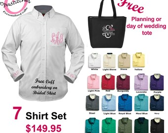 Free wedding tote with purchase of a 7 set Bridesmaid Button Down Shirt MONOGRAMMED on pocket, free cuff embroidery for bride shirt