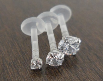 Free Shipping 16G 6mm or 8mm Prong Set Clear CZ Triple Forward Helix BioFlex BioPlast Earring Cartilage Tragus Medusa Monroe Lip Rings