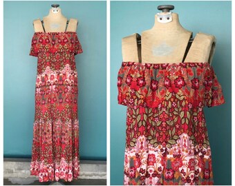 Off the Shoulder Boho Sundress, Bohemian Dress, Long Dress, Festival Dress, Floral Dress, Beach Dress, Small Medium, TaraLynEvansStudio