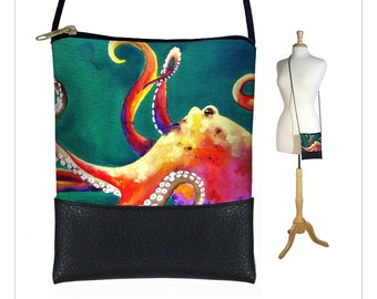 Clara Nilles Small Cross Body Bag, Shoulder Bag Purse, Mini Crossbody Bag, Smartphone Purse fits iPhone 6 Plus, octopus RTS