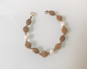 Vintage Gold Filigree Faux Pearl Bracelet