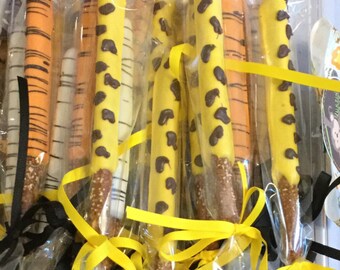 Jungle Animal Themed Chocolate Covered Pretzel Rods | Tiger Lion Giraffe Zebra Pretzel Rods