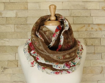 SALE - Felted Scarf - Brown Nuno Felted Floral Circle Scarf with Frills