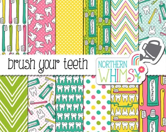 Dentist Digital Paper - "Brush Your Teeth" - dental hygiene seamless patterns with teeth, toothbrushes, and floss - commercial use OK