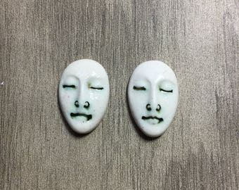 Pair of Two Medium Almond Ceramic Face Stone Cabochons in Pewter and Shiny Bone White