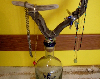 Jewelry Tree Stand – Glass and wood – Jewelry Tree - Up Cycled Tequila Bottle and Drift Wood,