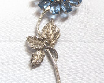 Vintage Blue Rhinestone Flower Brooch on Long Silver Stem