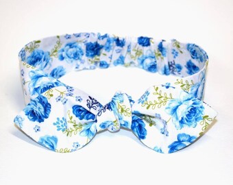 Baby bow headband, baby girl headband, "Wren", baby headband, blue roses, baby knot headband, cottage chic