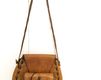 Vintage Hippie Shoulder Bag Whip Stitch Leather 1960s