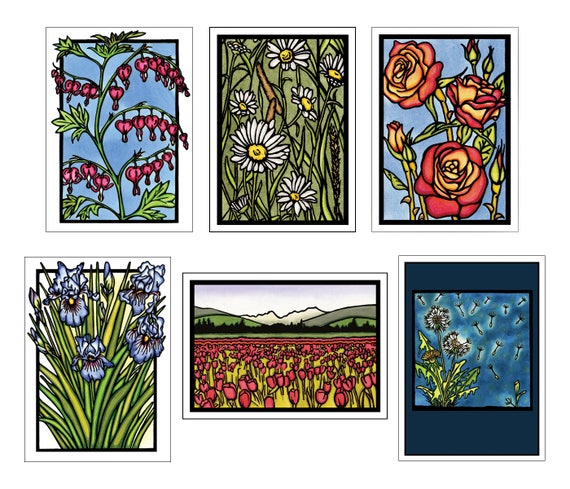 Floral Collection #2 - 6 Blank Greeting Cards - Bleeding Hearts, Daisies, Roses, Iris, Tulips, Dandelions