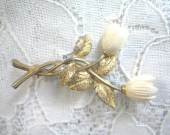 Vintage Celluloid Pikake & GoldTone Brooch