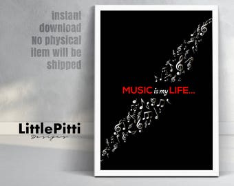Music quotes Music Is My Life, Music Poster, Music prints, Music printable, black red white wall art, musical notes, gift for music lover