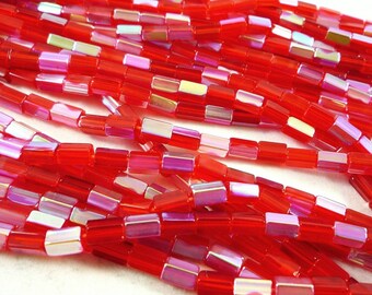 20 Siam Ruby AB Czech glass beads, tube hexagonal 6X4mm (ptch175)