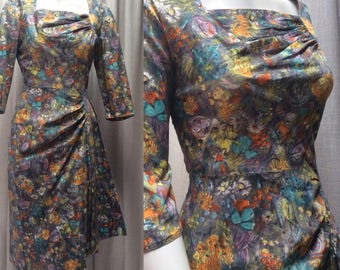 Classic Vintage 1950s Tailored Dress in a Smudgy Abstract Floral Print with buckled self belt.. Size UK 12 Original Vintage Fifties 50's