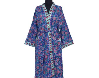 COTTON DRESSING GOWN - Block printed - Blue and red pattern
