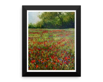 Farm field of wildflowers and poppies Framed photo paper poster