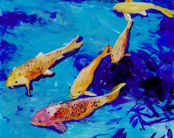 Original Koi Painting - Reverse Acrylic Art - Swimming Koi Fish - Koi Pond - Kauai Art - Asian Oriental Japanese - nishikigoi carp