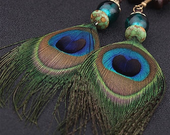 Peacock earrings, Hand Beaded, Dangle Earrings