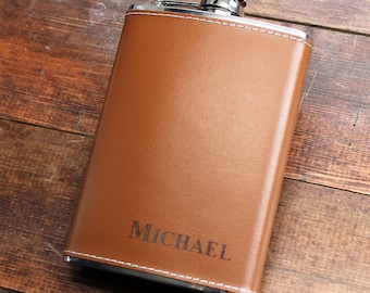 Genuine Brown Leather 6 oz Hip Flask - Personalized in Bottom Right Corner Groomsmen Gift, Birthday, Father's Day, 21st, Gifts for Men, Guy