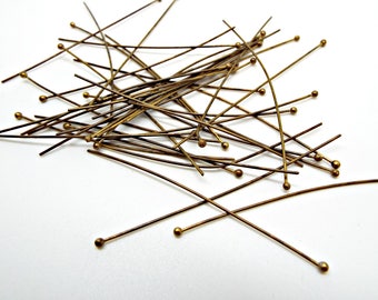 200 Bronze Head Pins, 100 Brass Ball Headpins, 60mm Head Pins, Antique Bronze, Beading Supplies, Jewelry Findings, Metal Pins, UK Seller