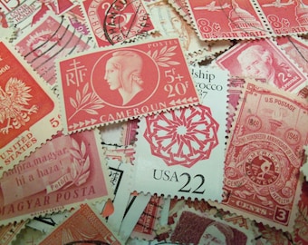 40 Red Postage Stamps, Pink Stamps, Used Postage Stamps, Vintage Stamps, Craft Stamps