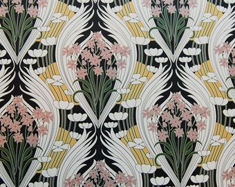 Decorative Paper, Art Nouveau Pink Blossoms on Gold & Black Decoupage Paper, Matte Paper, Book Cover Paper, Delicate Floral Paper 8.5 x 11"