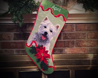 Westie Personalized Needlepoint Christmas Stocking, Dog Stocking, Westie Christmas stocking, dog Christmas stocking, West Highland Terrier
