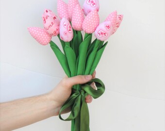 Fabric tulip flowers dozen of tulips light pink tulip flower bouquet gift for Valentine's day, birthday bridal shower gift for mom and girl