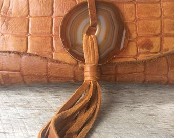 Leather Clutch Bag in Embossed Alligator Chestnut Brown Leather - Agate Geode Stone & Leather Tassel - Rustic Natural Gift - by Stacy Leigh