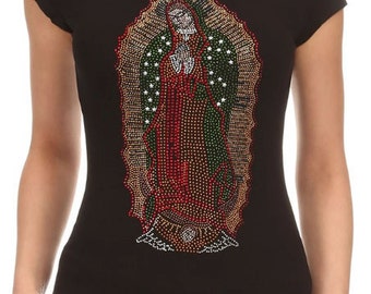 Guadalupe - Virgin Mary Rhihenstone Crew Neck Short Sleeve Shirt