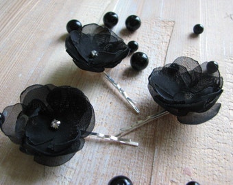 Set of 3 hair flowers Black hair flower 2 inch hair flower Small black flower Black hair clip Black hair piece Black gift for her Black clip