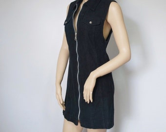 Dress Jumper Vintage Black Wide Wale Corduroy Mini Zip Front Size 7