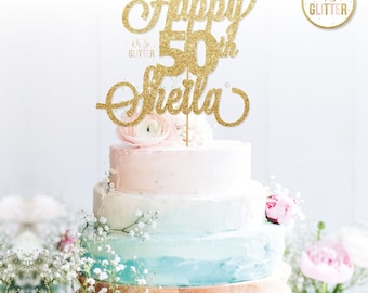 Happy 50th Sheila, Birthday, Gold cake topper, glitter cake topper, custom, personalised, Forty, 30th, 40th, 50th, 60th, 70th, 80th, 90th