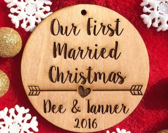 Our First Married Christmas Ornament - Personalized Wood Ornament, Just Married, First Christmas Married, Wedding Gift, Mr. and Mrs., Modern
