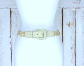 Vintage tan/light brown elastic stretch chord suede leather buckle belt/woven jute twine chord elastic belt/large