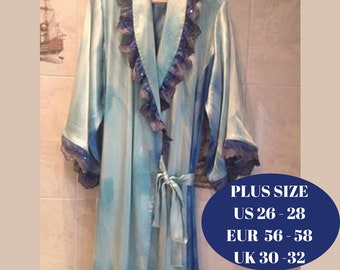 Plus size Bathrobe, Plus Size women's luxury atlas Bathrobe, women's satin robe, Plus size azure silk robe, atlas Bathrobe with lace